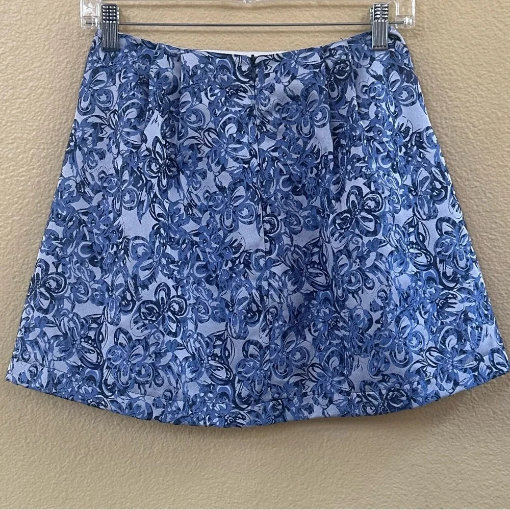 Aqua Light Blue Multi Color Damask Print Pleated Mini Skirt Size XS Like New!